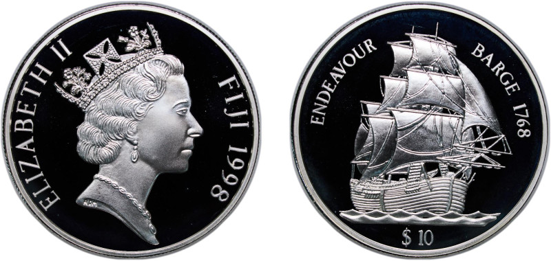 Fiji Republic 1998 10 Dollars - Elizabeth II (HM Barge Endeavour) Silver (.925) ...