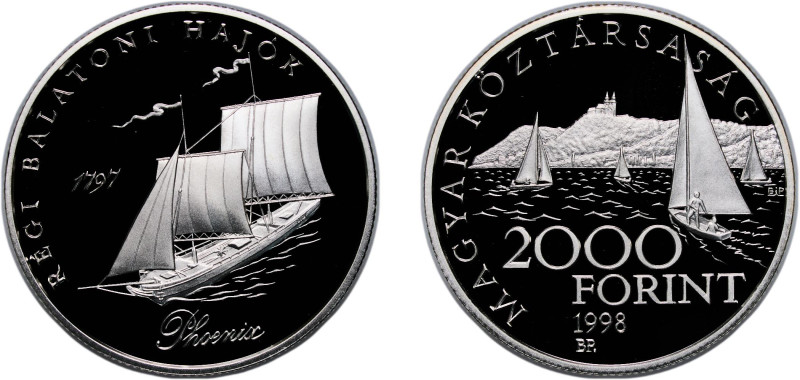 Hungary Republic 1998 BP. 2000 Forint (Old Balaton Ship: "Phoenix") Silver (.925...