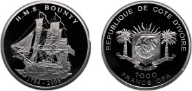 Ivory Coast Republic 2008 1000 Francs CFA (HMS Bounty) Silver (.925) 25g PF KM 73 Schön 48