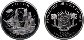 Ivory Coast Republic 2009 1000 Francs CFA (Redoutable) Silver (.925) 25g PF KM 80 Schön 72