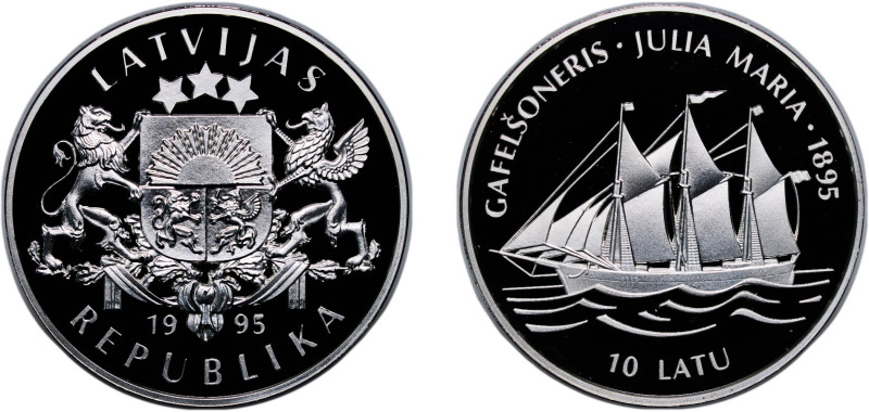 Latvia Republic 1995 10 Latu ("Julia Maria" Sailing Ship) Silver (.925) Valcambi...