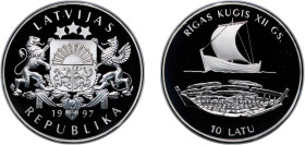 Latvia Republic 1997 (1998) 10 Latu (Riga Ship) Silver (.925) Valcambi SA Mint (15000) 31.63g PF KM 28