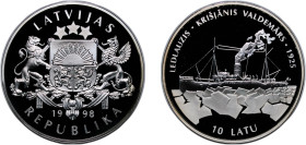 Latvia Republic 1998 10 Latu (Icebreaker Krisjanis Valdemars) Silver (.925) Valcambi SA Mint (10000) 31.4g PF KM 32