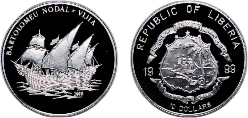 Liberia Republic 1999 10 Dollars (Bartolomeu Nodal Vijia) Silver (.925) 19.9g PF...