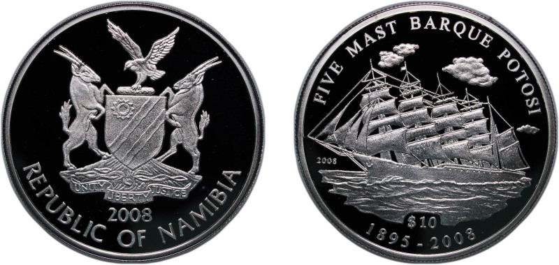 Namibia Republic 2008 10 Dollars (Five Mast Barque Potosi) Silver (.925) 20.1g P...