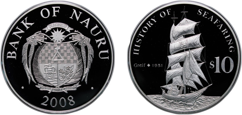 Nauru Republic 2008 10 Dollars (Ship Greif) Silver (.925) 33.68g PF