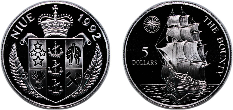Niue New Zealand Dependent State 1992 5 Dollars - Elizabeth II (The Bounty) Silv...