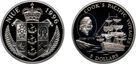 Niue New Zealand Dependent State 1996 5 Dollars - Elizabeth II (Cook's Pacific Voyages) Silver (.925) 30.7g PF KM 356