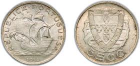 Portugal Second Republic 1934 5 Escudos Silver (.650) Lisbon Mint (1012152) 6.98g UNC KM 581 Gomes R 35