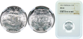 Portugal Second Republic 1951 2.50 Escudos Silver (.650) Lisbon Mint (4000000) 3.5g NGC MS 66 KM 580 Gomes R 30