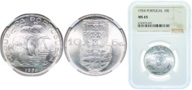 Portugal Second Republic 1954 10 Escudos Silver (.680) Lisbon Mint (5764350) 12.5g NGC MS 65 KM 586 Gomes R 44