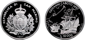 San Marino Republic 1997 R 10 000 Lire (Giovanni Caboto) Silver (.835) Rome Mint (32000) 22g PF KM 371