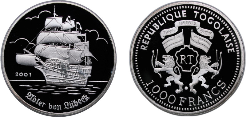 Togo Republic 2001 1000 Francs CFA (Adler von Lübeck) Silver (.999) 14.95g PF KM...