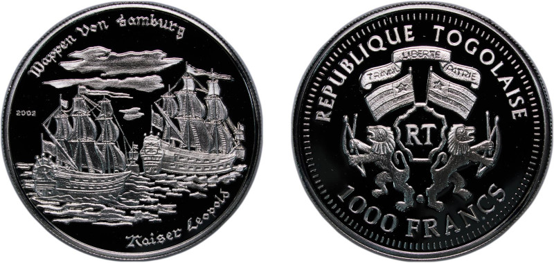 Togo Republic 2002 1000 Francs CFA (Wappen von Hamburg and Kaiser Leopold) Silve...