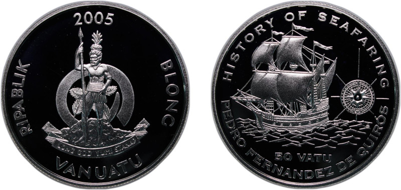 Vanuatu Republic 2005 50 Vatu (Pedro Fernandez de Quiros) Silver (.925) 28.54g P...