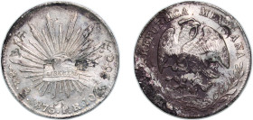 Mexico Federal Republic 1873 Ho PR 8 Reales Silver (.903) Hermosillo Mint (351000) 27.17g AU Chopmarked KM 377