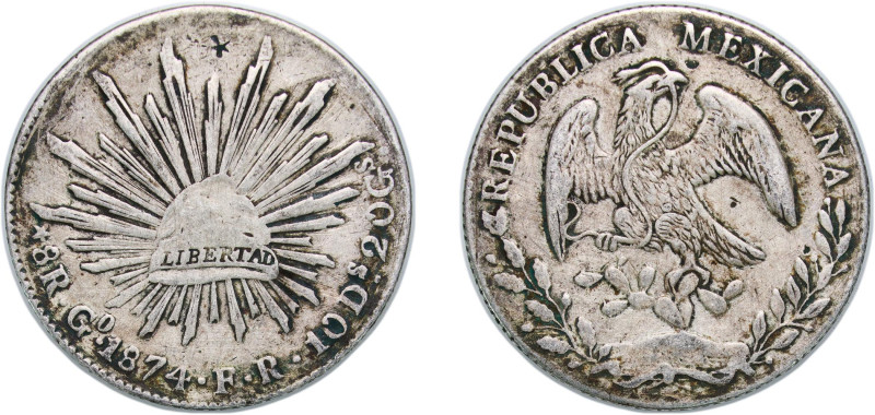 Mexico Federal Republic 1874 Go FR 8 Reales Silver (.903) Guanajuato Mint 26.68g...