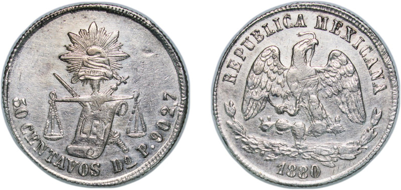 Mexico Federal Republic 1880 Do P 50 Centavos Silver (.903) Durango Mint 13.56g ...
