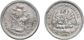 Mexico Federal Republic 1884 Ho M 25 Centavos Silver (.903) Hermosillo Mint 6.6g AU KM 406