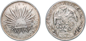 Mexico Federal Republic 1888 CN AM 8 Reales Silver (.903) Culiacán Mint (768000) 26.76g XF Chopmarked KM 377