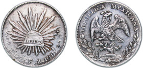 Mexico Federal Republic 1893 Zs FZ 8 Reales Silver (.903) Zacatecas Mint (3872000) 26.9g XF KM 377