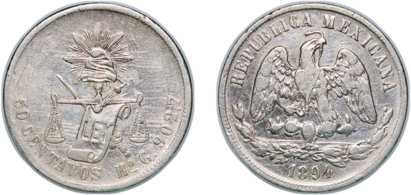 Mexico Federal Republic 1894 Ho G 50 Centavos Silver (.903) Hermosillo Mint (590...