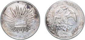Mexico Federal Republic 1897 Zs FZ 8 Reales Silver (.903) Zacatecas Mint (4877000) 27.07g AU Chopmarked KM 377