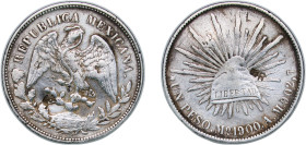 Mexico Federal Republic 1900 Mo AM 1 Peso Silver (.9027) Mexico City Mint (8226000) 26.85g VF Chopmarked KM 409