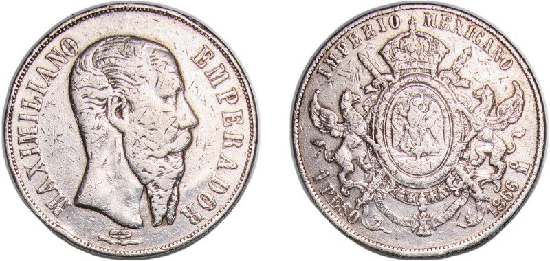 Mexico Second Empire 1866 Mo 1 Peso - Maximiliano I Silver (.903) Mexico City Mi...