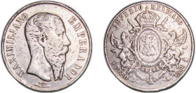 Mexico Second Empire 1866 Mo 1 Peso - Maximiliano I Silver (.903) Mexico City Mint (2147675) 26.86g VF KM 388