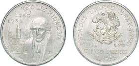 Mexico United Mexican States 1953 Mo 5 Pesos (Bicentennial of Hidalgo's Birth) Silver (.720) Mexico City Mint (1000000) 27.86g UNC KM 468