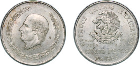 Mexico United Mexican States 1953 Mo 5 Pesos Silver (.720) Mexico City Mint (20376000) 27.83g UNC KM 467