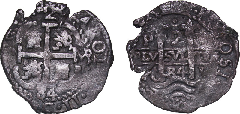 Bolivia Spanish colony 1684 P VR 2 Reales - Charles II Silver (.931) Potosi Mint...
