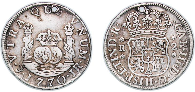 Bolivia Spanish colony 1770 PTS JR 2 Reales - Charles III Silver (.917) Potosi M...