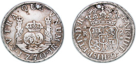 Bolivia Spanish colony 1770 PTS JR 2 Reales - Charles III Silver (.917) Potosi Mint 6.64g XF Hole KM 48