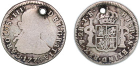 Bolivia Spanish colony 1775 PTS JR 2 Reales - Charles III Silver (.903) Potosi Mint 6.07g VF Hole KM 53