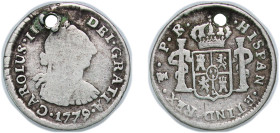 Bolivia Spanish colony 1779 PTS PR ½ Real - Charles III (overdate varieties exist) Silver (.903) Potosi Mint 1.55g VF Hole KM 51