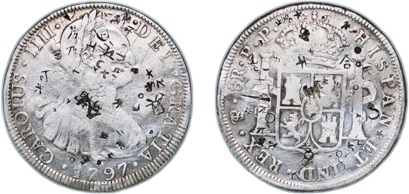 Bolivia Spanish colony 1797 PTS PP 8 Reales - Charles IV Silver (.896) Potosi Mi...