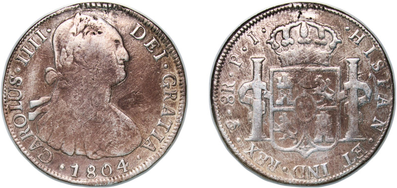 Bolivia Spanish colony 1804 PTS PJ 8 Reales - Charles IV Silver (.896) Potosi Mi...