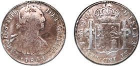 Bolivia Spanish colony 1804 PTS PJ 8 Reales - Charles IV Silver (.896) Potosi Mint (3074000) 27.1g VF Holes Repaired KM 73