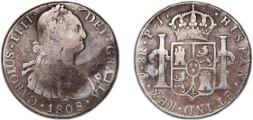 Bolivia Spanish colony 1808 PTS PJ 8 Reales - Charles IV Silver (.896) Potosi Mint (3299000) 26.64g VF Holes Repaired KM 73