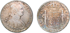 Bolivia Spanish colony 1808 PTS PJ 8 Reales - Charles IV Silver (.896) Potosi Mint (3299000) 26.67g VF Chopmarked KM 73