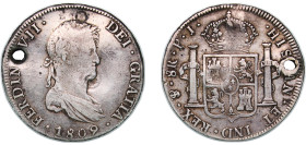 Bolivia Spanish colony 1809 PTS PJ 8 Reales - Ferdinand VII Silver (.896) Potosi Mint 26.46g VF Hole KM 84