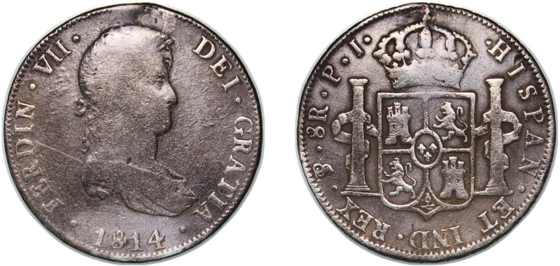 Bolivia Spanish colony 1814 PTS PJ 8 Reales - Ferdinand VII Silver (.896) Potosi...