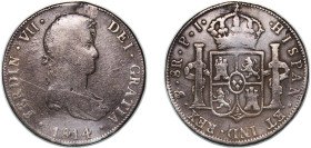 Bolivia Spanish colony 1814 PTS PJ 8 Reales - Ferdinand VII Silver (.896) Potosi Mint 26.8g VF Holes Repaired KM 84