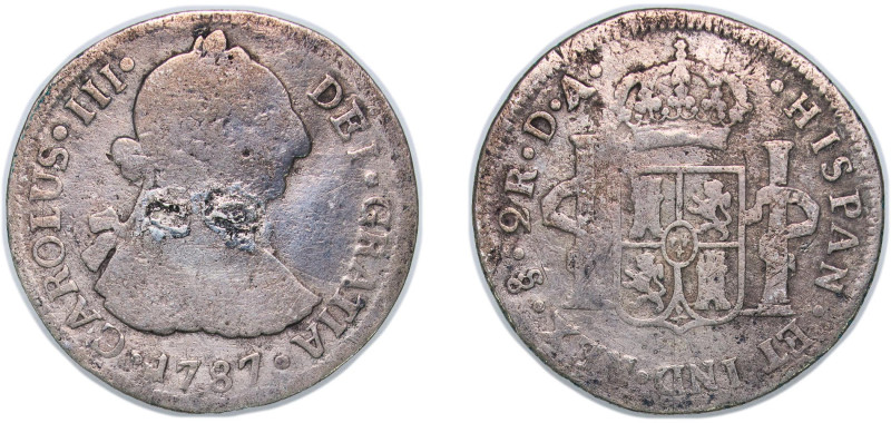 Chile Spanish colony 1787 So DA 2 Reales - Charles III Silver (.903) Santiago Mi...