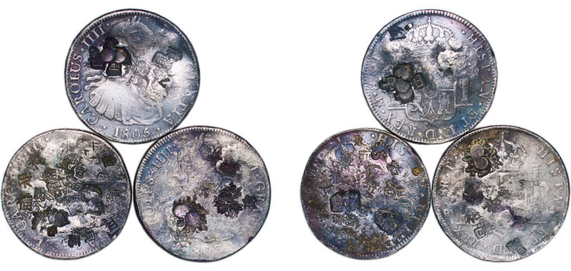 Mexico Spanish colony 1787 - 1805 Mo 8 Reales (3 Lots) Silver VF Chopmarked
