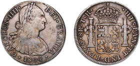 Mexico Spanish colony 1804 Mo TH 8 Reales - Charles IV Silver (.903) Mexico City Mint 26.88g XF Scratches KM 109