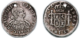 Peru Spanish colony 1792 LIMAE IJ 1 Real - Charles IV Silver (.903) Lima Mint 1.63g VF Hole KM 94