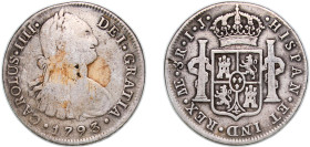 Peru Spanish colony 1793 LIMAE IJ 8 Reales - Charles IV Silver (.896) Lima Mint (5005000) 26.35g VF Chopmarked KM 97